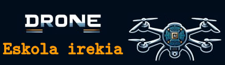 Drone eskolaren logoa. Quadcopter beltz bat ikusten da irudian.
